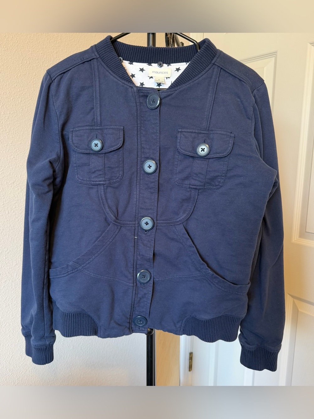 Maurices womens navy blue quilted cotton jacket casual preppy nautical craftcore